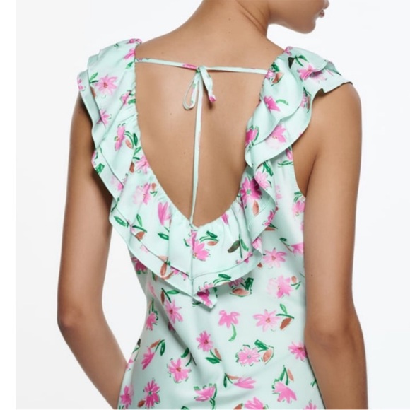 Mint Green Floral Satin Midi Dress - Picture 7 of 7